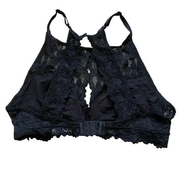 Jenny Jen Black Embroidered Floral Lace RACERBACK PADDED BRALETTE Spandex SZ L - Picture 2 of 10